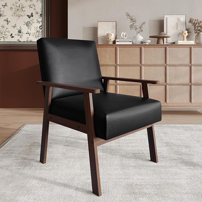 Mid-Century Modern Accent Chair Polyurethane Upholstery Wooden Armrests Cushioned Seat Easy Assembly Black