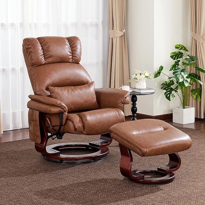 MCombo Swivel Recliners with Ottoman Reclining TV Chairs with Vibration Massage Faux Leather Ergonomic Lounge Chair for Living Room Bedroom 4832 (Saddle)