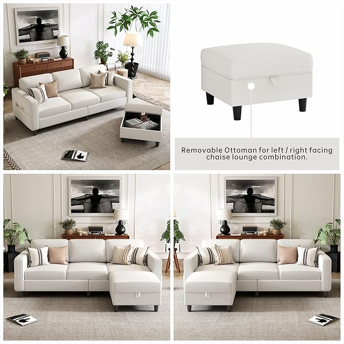 Small Sectional Couch 3-Seat Off White L-Shaped Modern Sofa Couch with Reversible Storage Ottoman &amp Storage Pockets for Living Room Apartment Studio or Small Space