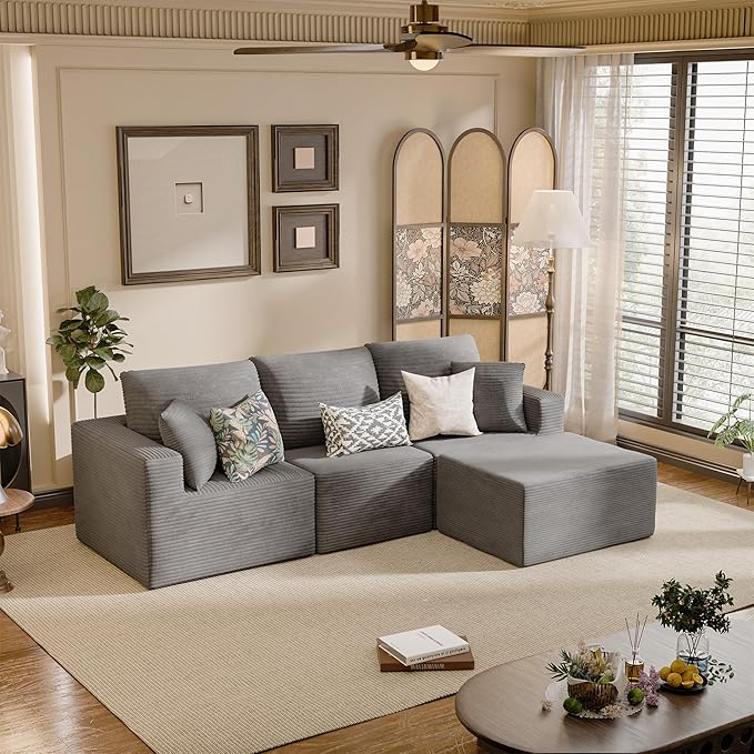 JUMMICO Boneless Couch with Deep Seat and Ottoman Modular Sectional Sofa with Body Support Corduroy Couches for Living Room Apartments Bedroom No Assembly Required (Gray L-Shaped)