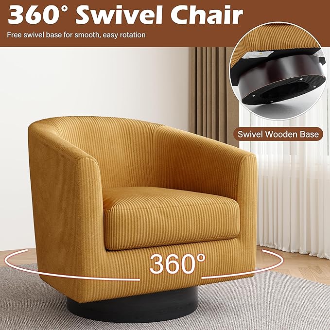 Lumibee Swivel Accent Barrel Chairs Set of 2 Upholstered Comfy Swivel Round Barrel Chair 360° Rotation Single Sofa Club Armchair for Living Room Reading Room Bedroom Corduroy Orange