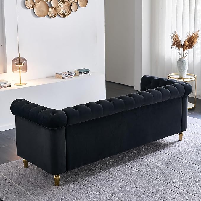 Homtique 84 Modern Couch for Living Room 3 Seater Comfy Velvet Sofa with Button Tufted Rolled Arms and Gold Legs Chesterfield Sofa for Home/Office Bedroom Black