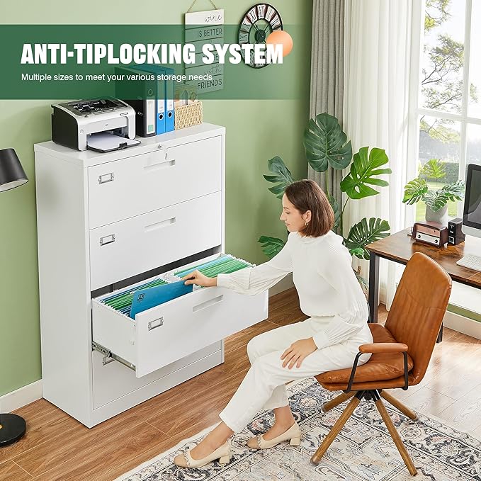 Letaya 4 Drawer File Cabinet with Lock Metal Lateral Filing Cabinet Wide Office Organization Storage for Home Office Hanging Letter/Legal/F4/A4 (White-Requires Installation)