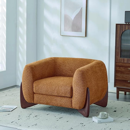 Christopher Knight Home Holly Modern Boucle Fabric Upholstered Club Chair for Living Room Home Office Apartment Relaxing Chair with Removable Cushion and Birch Wood Legs Caramel Brown + Walnut