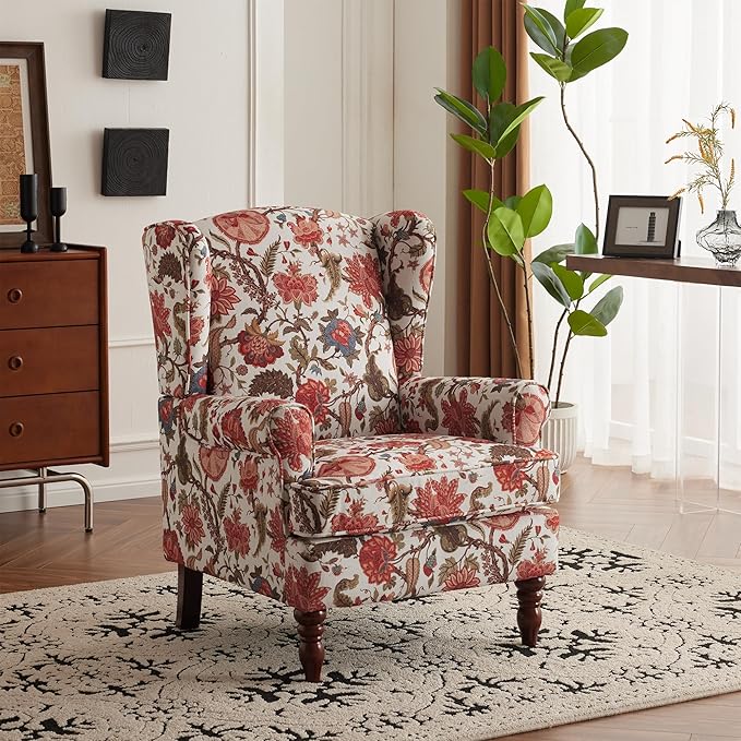 MELLCOM Floral Accent Chair High Back Upholstered Armchair with Solid Legs Leisure Single Sofa Chair for Living Room Bedroom Home Office Red Floral