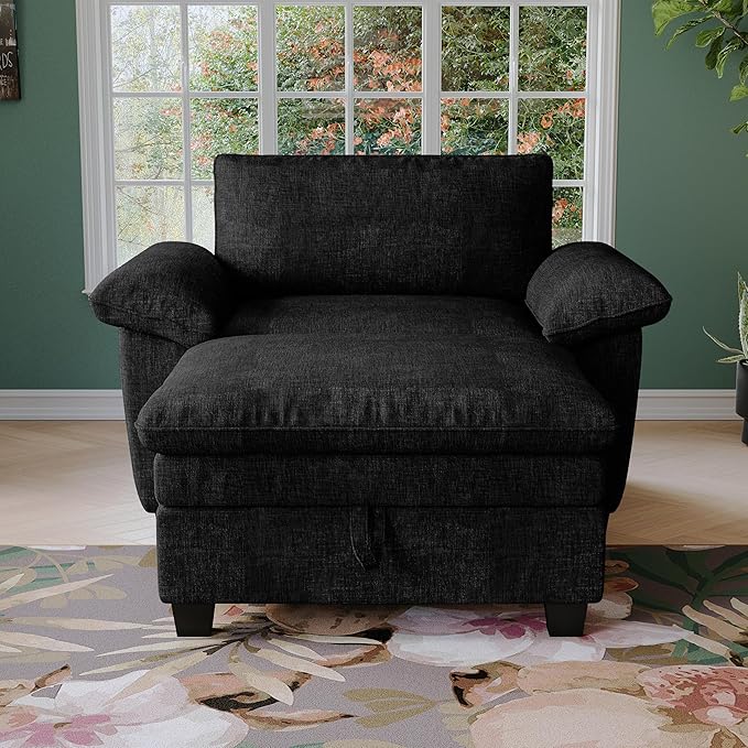 51-Inch Wide Oversized Chenille Recliner Sofa Ottoman with Storage - Upholstered Lounge Chair (Black)