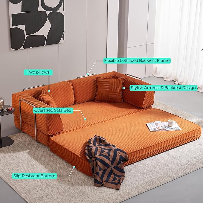 LINSY HOME Sofa Bed Couch - Convertible Boneless Couch Bed with 2 Pillow (Orange) | Folding Sofa Bed Corduroy Material No Assembly Compressed Sofa Couch in a Box