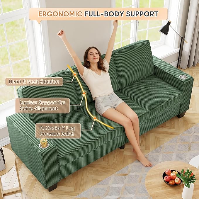 83.86 Corduroy 3-Seater Sofa with Extra Deep Seat Modern Cloud Couch with 2 Cup Holders Comfy Upholstered Sofa for Living Room Apartment &amp Office Green