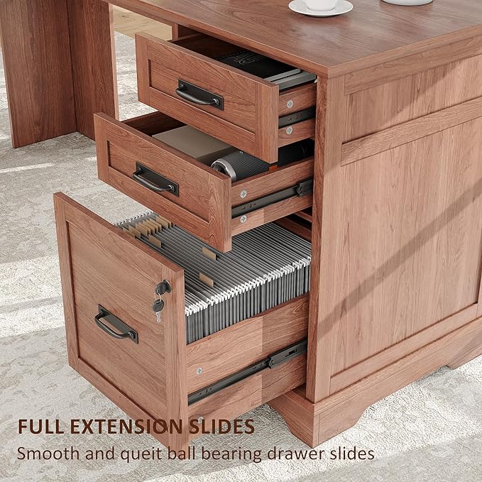 Whalefall Farmhouse L Shaped Desk with Drawers 67 Inch Executive Home Office Desk with File Cabinet Computer Corner Desk with Charging Station Cherry Brown