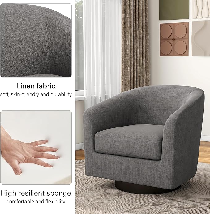 Swivel Barrel Accent Chair Modern Round Linen Arm Chair for Living Room Bedroom Comfy Club Reading Chairs for Adults（Linen Fabric Grey Set of 1