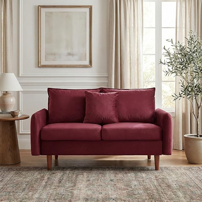 56.1 Round Arm Velvet Loveseat with Side Pockets and a Square Pillow (Burgundy) | Side Storage Pockets Pillow Included