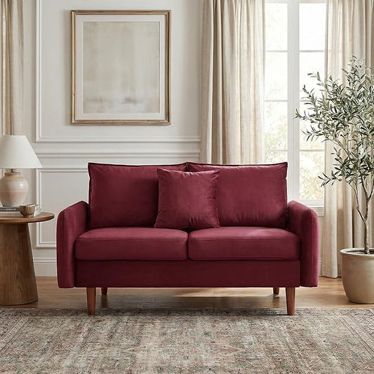 56.1 Round Arm Velvet Loveseat with Side Pockets and a Square Pillow (Burgundy) | Side Storage Pockets Pillow Included