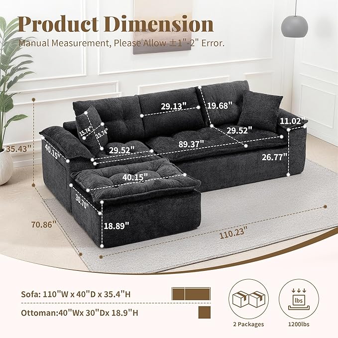 110 Modular Sectional Sofa Cloud Sectional Couch with Ottoman Modern L Shaped Sofa with Deep Seat Upholstered Boneless Couch for Living Room with Layered Cushion No Assembly Black