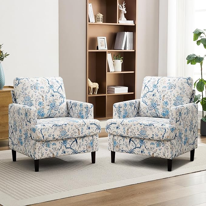Mid-Century Accent ChairModern Linen Fabric Armchair for Living RoomComfy Upholstered Reading Accent Chairs for BedroomSingle Sofa Chair with Wood Legs (Blue Flowered Bird 2 Pack)