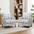 Mid-Century Accent ChairModern Linen Fabric Armchair for Living RoomComfy Upholstered Reading Accent Chairs for BedroomSingle Sofa Chair with Wood Legs (Blue Flowered Bird 2 Pack)