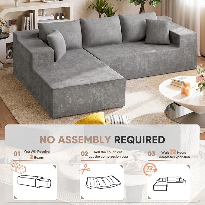 Homall 108 Modular Sectional Sofa Boneless Couch with L-Shape Chaise Cloud Couch with Deep Seat Upholstered No Assembly Required for Living Room Bedroom (Chenille Grey)