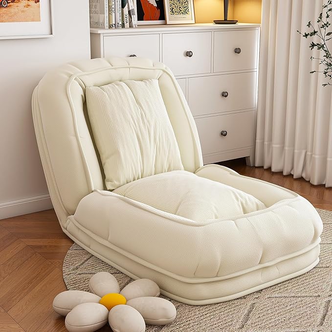 Montary Multifunctional Foldable Lazy Sofa Bed - 5-Position Ergonomic Design with 2 Soft Pillows Shared Lounger for Adults &amp Pets for Living Room Bedroom and Reading Nook (White)