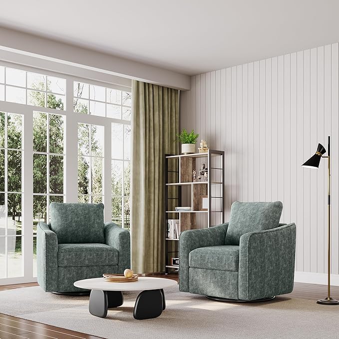 Swivel Accent Chair for Living Room Modern Linen Upholstered Armchair Sturdy 450 LBS Capacity Ergonomic Backrest Reading Chair for Living Room Bedroom Office Green