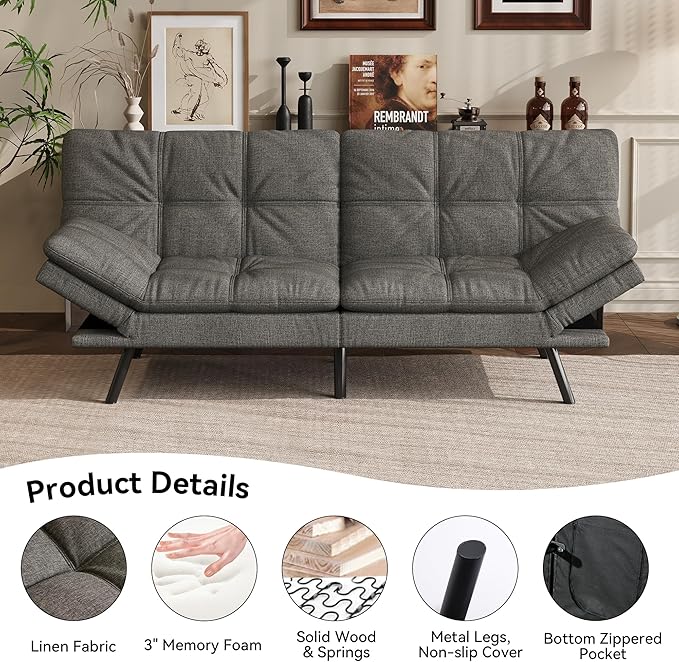 Vyfipt 71 Convertible Futon Sofa Bed3-in-1 Linen Fabric Futon Couch with Memory Foam Modern Foldable Sleeper Loveseat for Small Spaces Living RoomOffice &amp ApartmentDark Grey