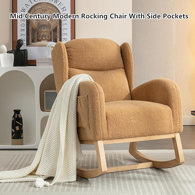 Setawix Teddy Rocking Glider Chair for NurseryUpholstered Living Room Rocker Arm ChairLeisure Sherpa Wingback ArmchairMid Century Modern Rocking Accent Chair with Side Pockets (Wingback Khaki)