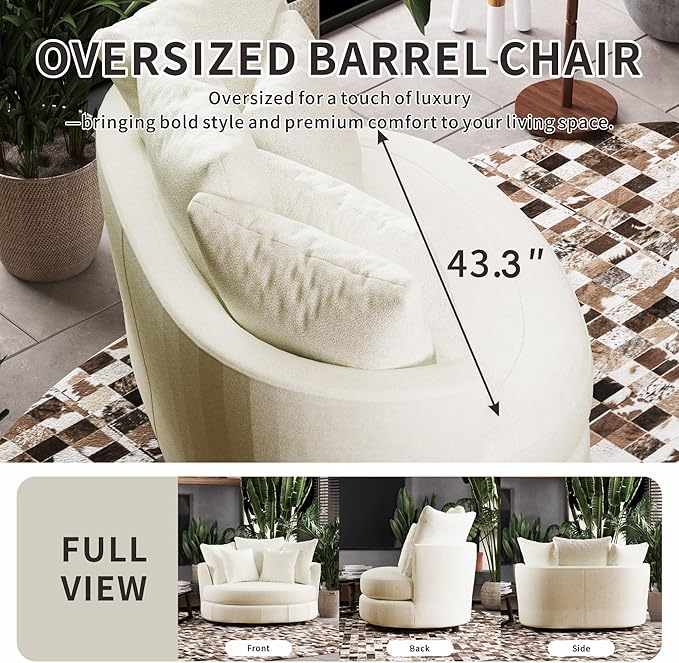 54.9''W Oversized Accent Barrel Chair Chenille Upholstered Comfy Couch Sofa with 5 Pillows for Living Room Apartment Bedroom (Beige Yellow).