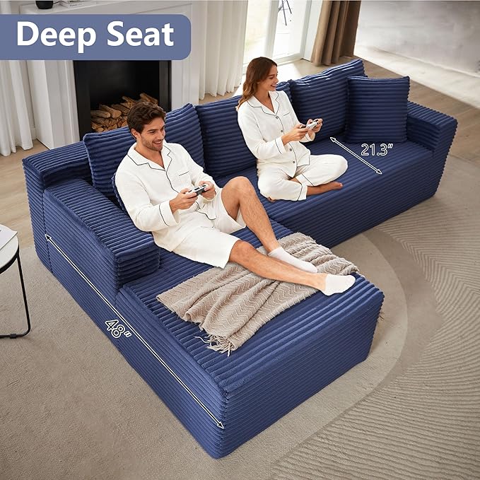 GNIXUU Cloud Sectional Couch with L-Shape Chaise Modern Modular Sofa with Deep Seat Comfy Corduroy Boneless Couches for Living Room Bedroom Apartments No Assembly Required Blue