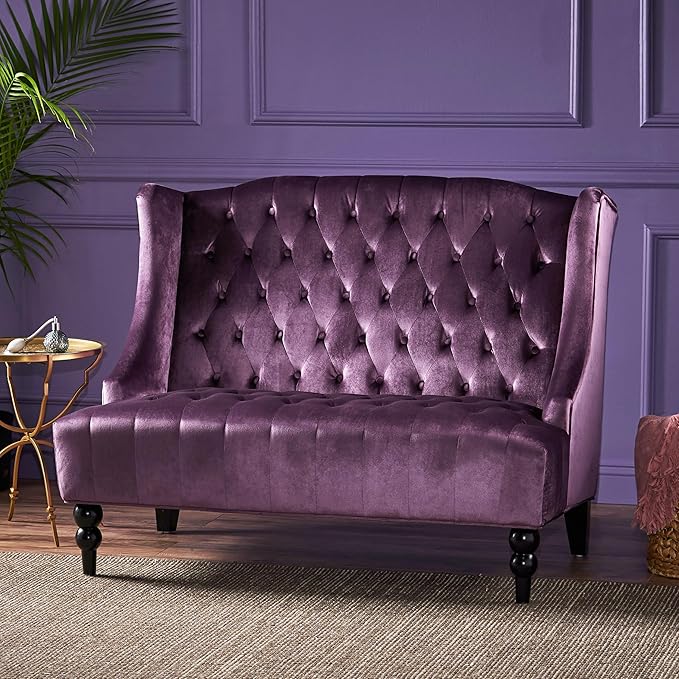 Small Velvet Loveseat Sofa Settee 50.25-inch 2 Seat Modern Victorian Sofas Couch with Buttoned Tufted Wingback Upholstered Banquette Dining Bench for Dining Living Room Hallway(Raisin Purple)