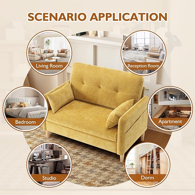 47 Small Sofa Couch for Bedroom Soft Chenille loveseat Mini Couch with Throw Pillow and Removable Cushion Cover for Small Spaces Living Room Apartment Dorm Office(Yellow)