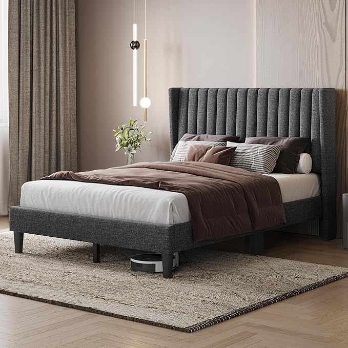 Yaheetech Full Bed Frame Upholstered Platform Bed with Fabric Headboard Wing Edge Design/Non-Slip and Noise-Free/Wooden Slats Support/No Box Spring Needed/Easy Assembly Dark Gray Full Bed