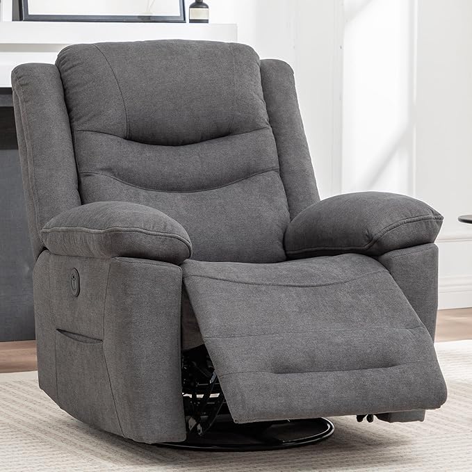 Power Swivel Rocker Recliner with Massage and Heat USB Port Infinite Position Oversized Electric Glider Rocking Chairs Living Room Soft Fabric Reclining Sofa Chair (Dark Grey Fabric)