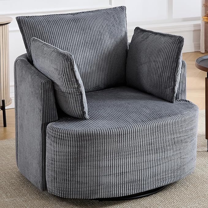 CANMOV Swivel Accent Chair 360°Swivel Barrel Chair with 3 Pillows Comfy Corduroy Round Armchair Single Sofa Chair for Living Room Bedroom Reading Room Dark Grey