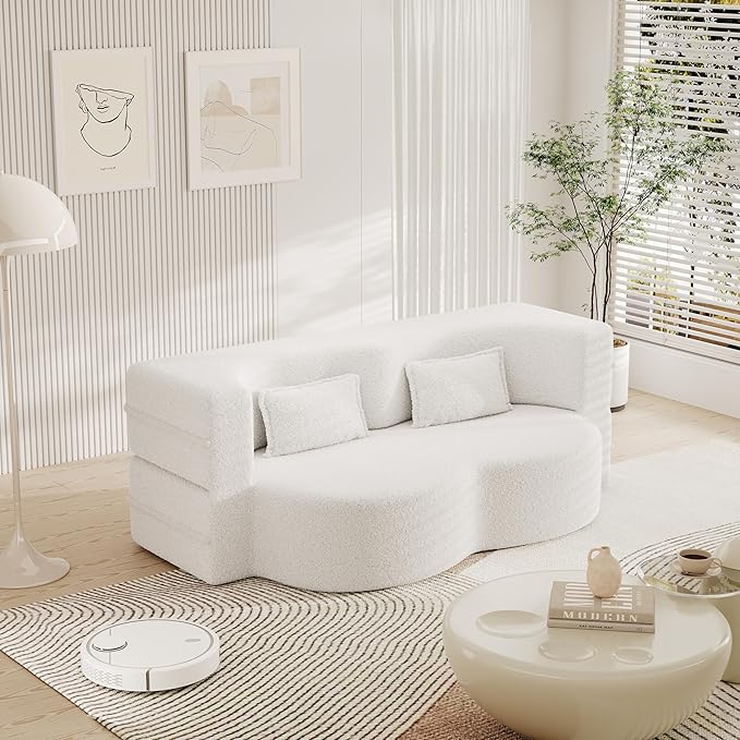 Floor Sofa Futon Cloud Couch Convertible Sofa Bed with 2 Pillows Teddy Fabric Foam-Filled Loveseat Sleeper Sofa Couches for Living Room 15 Full Size Folding Mattress No Assembly Required (Beige)