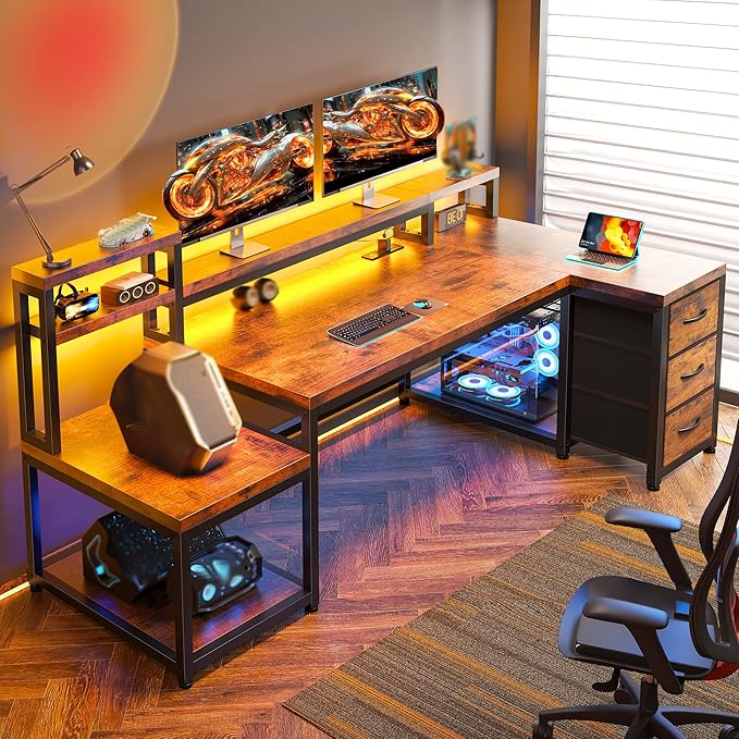 EnHomee 71 L Shaped Computer Desk with 3 Drawers &amp HutchReversible Gaming Desk with LED Lights &amp Power OutletHome Office Desks with Monitor Stand &amp Printer Shelf for Student School Rust