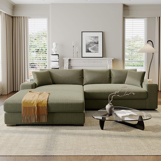 Mirod Large Sectional Sofa with Thick Cushions and Built-in Cup Holders &amp Charging Ports (Green@43)