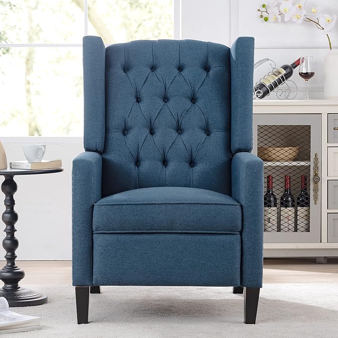 Pushback ReclinerComfortable Wingback Recliner Sofa Chair With Adjustable Backrest Tufted Fabric Upholstered ArmchairRetro Rivets Decorated Recliner for Living Room Bedroom Office Home Theater(Blue)