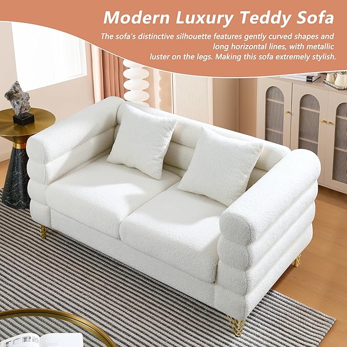 mikibama Luxury Teddy Sofa Set for Living Room Modern Decor Furniture Sectional Sofa 3 Seater Couch and Loveseat with 5 Pillows for Apartment Office Hall (White)
