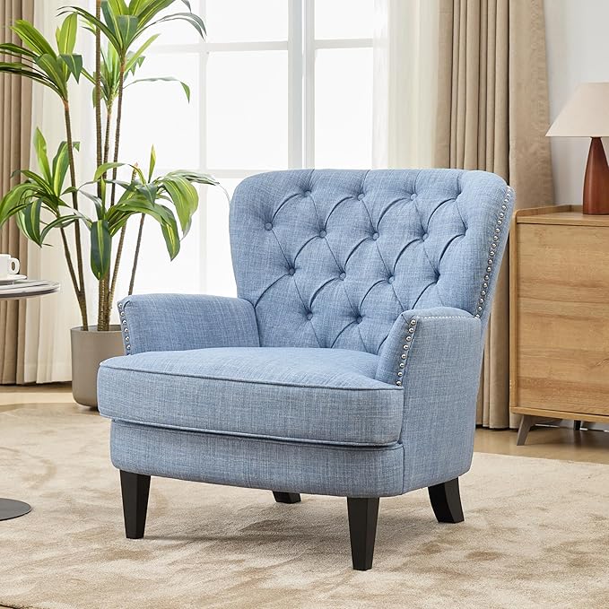 Ball &amp Cast Accent ChairMid-Century Lounge Living Room Chairs with Button TuftingUpholstered Reading Accent Chair W/Solid Wood Legs and Curved Backrestfor BedroomApartmentLight Blue