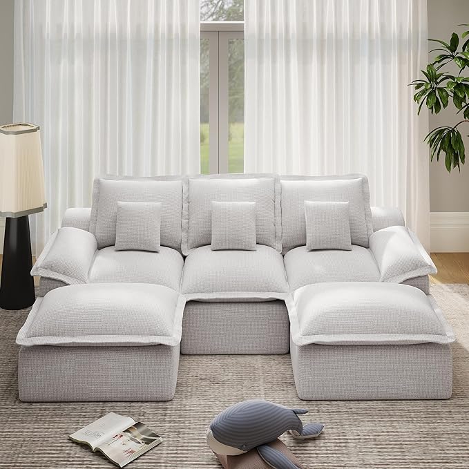 Modular Sectional Sofa 107'' Boneless Couches for Living Room 5-Seat Sofa with 2 Ottomans Cloud U Shaped Couch No Assembly Required Chenille Grey