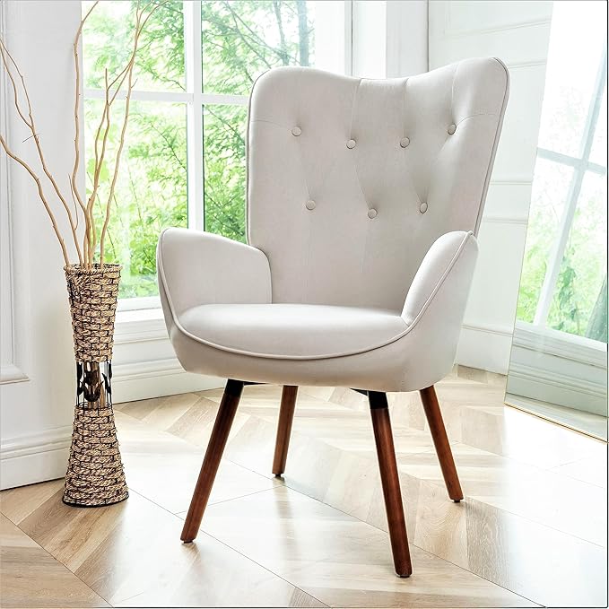 Chic Accent Arm Chairs for Living Room Bedroom or Home Office Button-Tufted Midcentury Armchair with Wingback Design and Splayed Legs Ivory