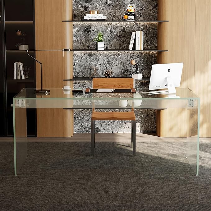 53.14 Modern Tempered Glass Executive Desk with Drawer Black Wood Finish and Tempered Glass Legs – Minimalist Stylish Workstation Table for Home Office (Transparent Glass Desk)