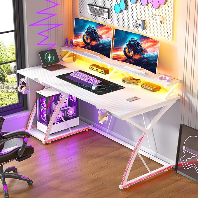 48 inch Gaming Desk with LED Lights &amp Power Outlet Computer Desk with Monitor Shelf &amp Mouse Pad &amp Cup Holder Ergonomic Carbon Fiber Gaming Table PC Work Home Office Desks PC TableWhite