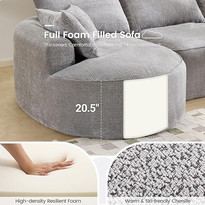 126” Oversized Curved Sectional Sofa L Shaped Chenille Boneless Couch with Deep Seat &amp 7 Pillows for Living Room Bedroom No Assembly Required (Grey)