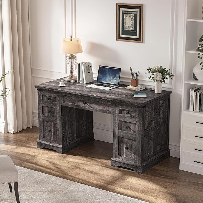 EnHomee 58 W Farmhouse Executive Desk with Drawers Wood Home Office Desks with Power Outlets Rustic Computer Desk with Storage Cabinet for Working Studying Writing Dark Rustic Oak