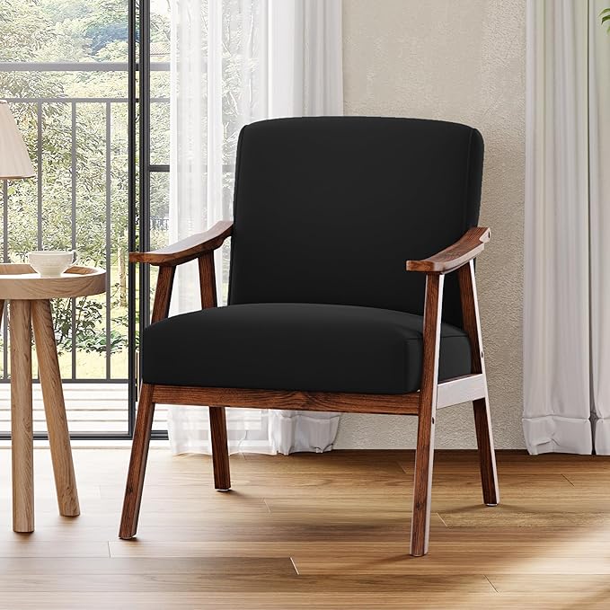 Mid Century Accent Chair Boho Farmhouse Accent Chairs for Living Room Retro Single Lounge Reading Armchair with Solid Wood Frame (Velvet Fabric in Black)