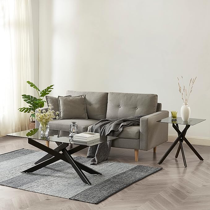 Edwin's Choice Black Square Glass Side &amp End Table with Grey Tempered Glass Top and Black Metal Tubular Legs with Gold Rim 20”Dx20”Wx22”H