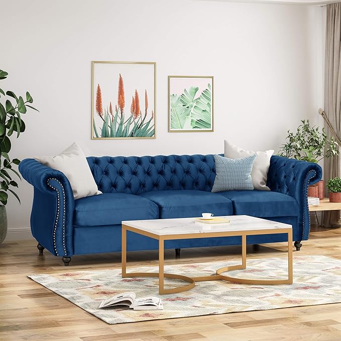 Great Deal Furniture GDFStudio Chesterfield Tufted Jewel Toned Velvet Sofa with Scroll Arms Navy Blue
