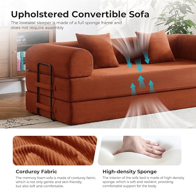 79'' Convertible Sofa Bed 5-in-1 Folding Corduroy Sleeper Couch with Pull Out Bed Oversized Modular Floor Sofa No Assembly Space-Saving Guest Bed for Apartment Living Room Bedroom (Orange) | Conve