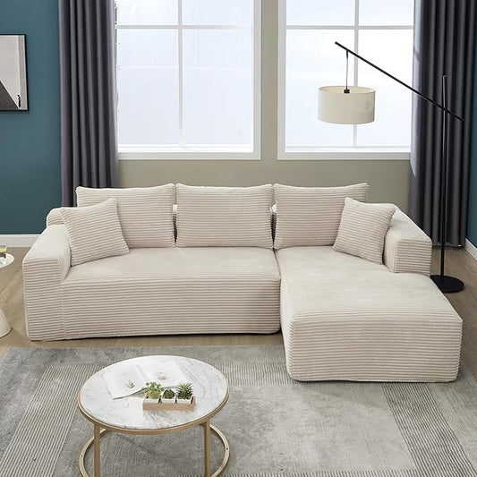 Sectional Sofa Couch Boneless Couches for Living Room Cloud Sofa with Oversized Chaise Corduroy Fabric L-Shaped Couch with Pillows No Assembly Required Right Facing Chaise Beige