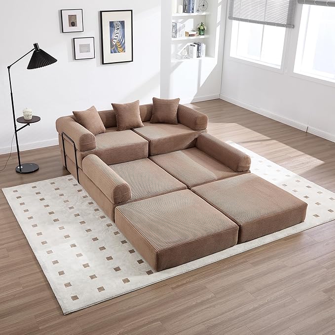 106.3 Oversized L Shaped Convertible Sleeper Sofa Bed Corduroy Modular Folding Sectional Sofa with Cylindrical Pillow &amp Storage Bags Modern Floor Mattress Couch for Living Room Brown