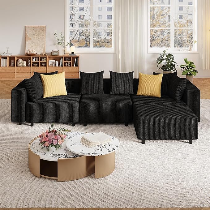 Modern Oversized Modular Sectional Sofa Boneless Cloud L Shaped Couch with Legs Corduroy Big Comfy Deep Seat Sofa for Living Room &amp Apartment（Black146″L Shaped Sofa）